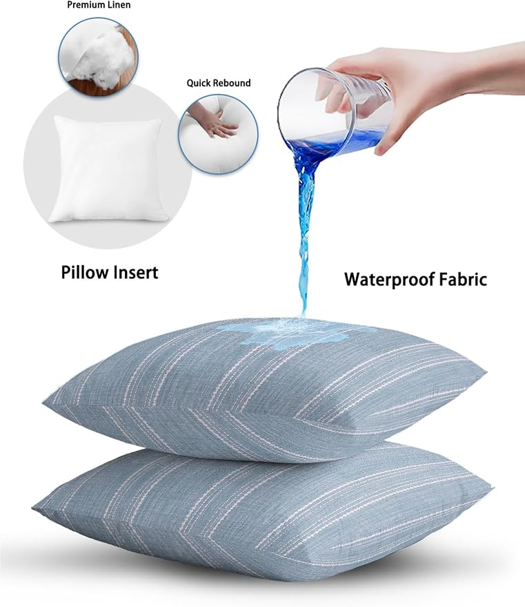 Vandarllin Waterproof Outdoor Pillow Set of 2 Haze Blue Linen Stripes Decorative Throw Pillows Cover & Insert 16x16 Inch Pillowcase Parallel Vertical Lines Pillows for Couch Sofa Bed Patio Furniture
