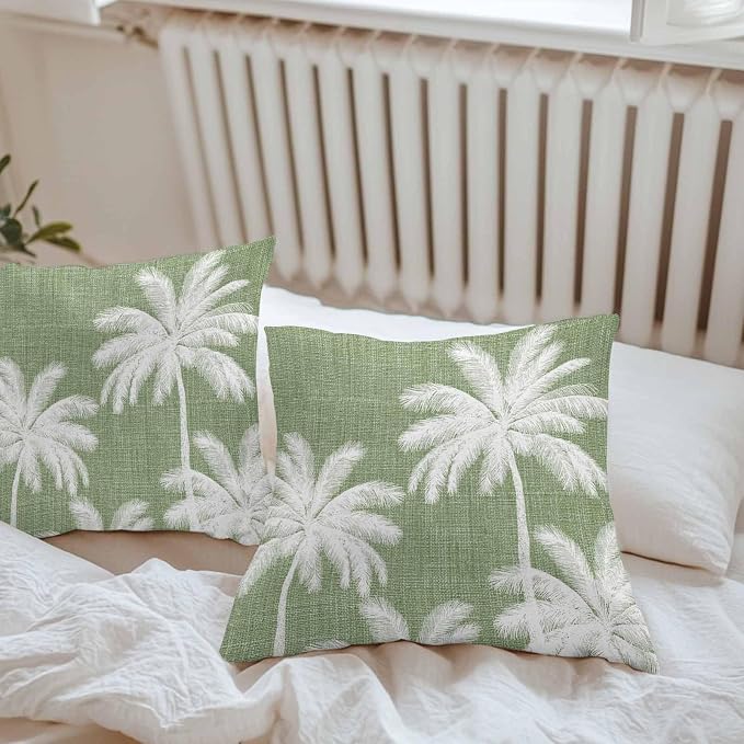 Outdoor Pillow Covers 26x26 Inch Set of 2, Dark Sage Green Palm Trees Waterproof Throw Pillow Covers, Tropical Summer Beach Decorative Cushion Pillowcases for Couch, Sofa, Bed, Garden, Patio