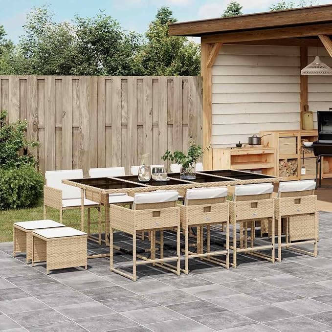 13 Piece Patio Dining Set with Cushions Beige Poly Rattan Outdoor Dining Table and 8 Chairs with Foldable Backrests Tempered Glass Top UV Proof for Garden Backyard