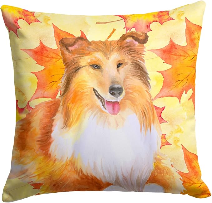 Caroline's Treasures BB9981PW1414 Sheltie Fall Fabric Decorative Pillow, Yellow Machine Washable, Indoor Outdoor Decorative Pillow for Couch, Bed or Patio, 14Hx14W