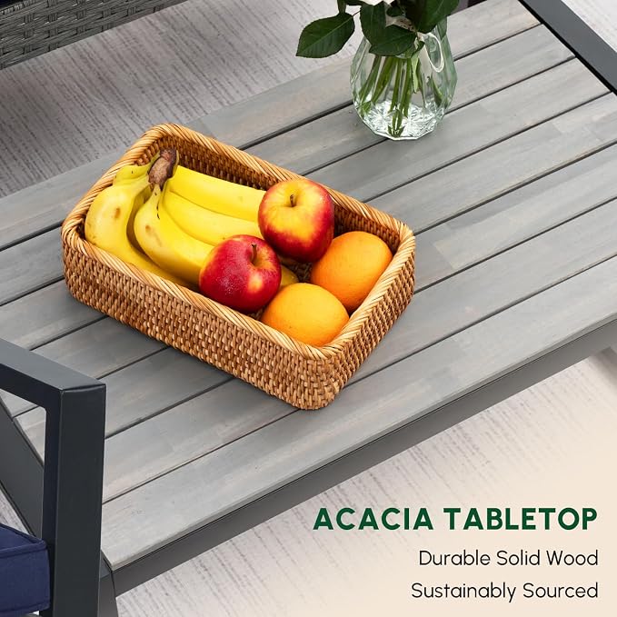 BEEFURNI Wicker Patio Furniture Outdoor Conversation Set of 4, Rattan Outdoor Furniture Set, Acacia Wood Table, 2 Chairs, 1 Loveseat, 2” Cushions, All Weather Set for Patio, Porch, Balcony (Gray)