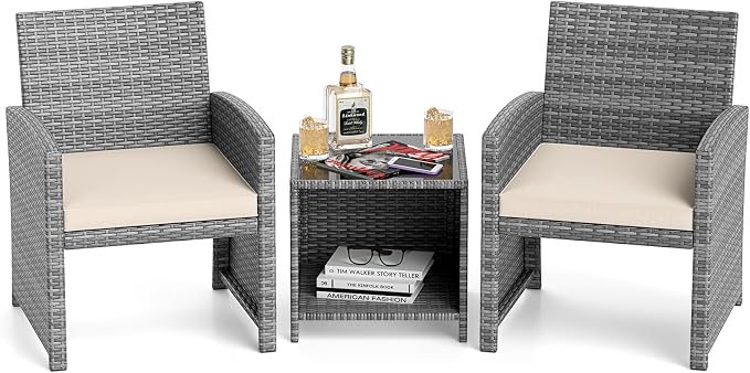 Tangkula 3 Pieces Patio Furniture Set, PE Rattan Outdoor Chairs with Tempered Glass Coffee Table & Soft Seat Cushions, Patio Bistro Set, Outdoor Conversation Set for Porch, Backyard Poolside (White)