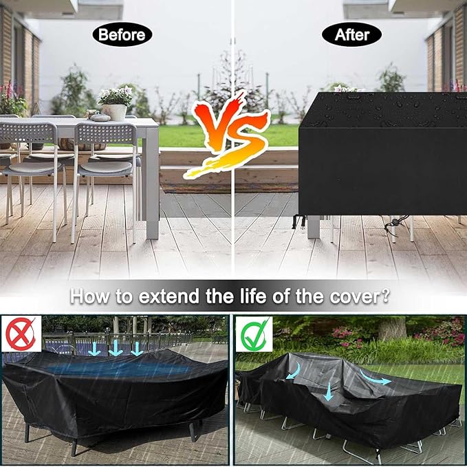 Outdoor Patio Furniture Covers Waterproof 96" L x 80" W x 30" H Rectangular Outdoor Table and Chair Set Cover Wind Dust Proof Anti-UV Durable Patio Sectional Couch Covers 240x200x75cm