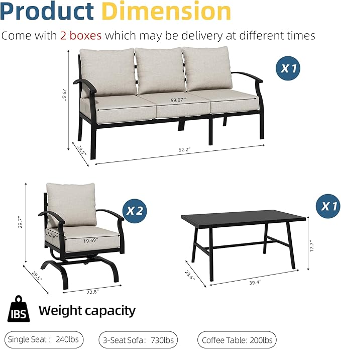 ALAULM 4 Piece Patio Furniture Set,Outdoor Metal Patio Furniture with Coffee Table & Rocking Chairs Conversation Set for Porch,Backyard,Poolside, Garden-Sand