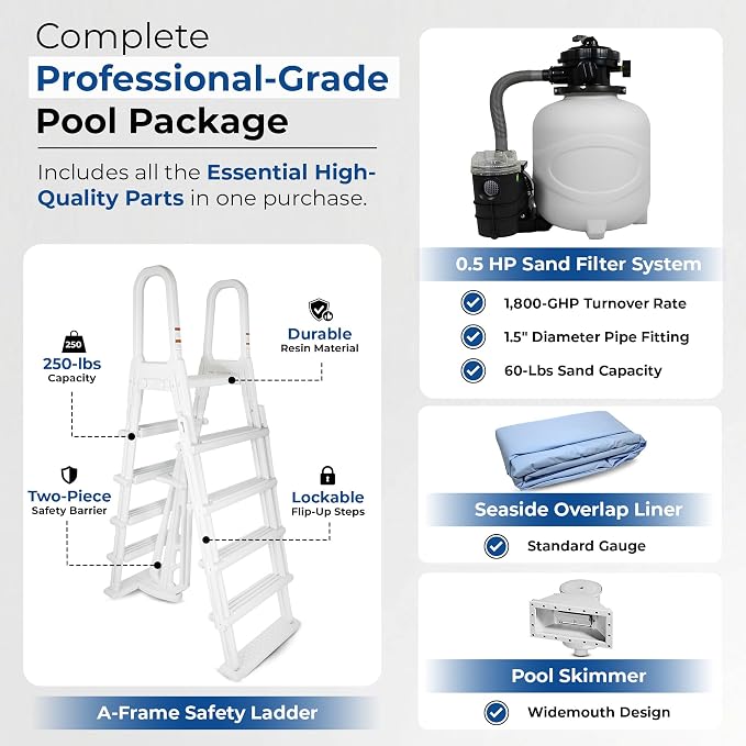 Blue Wave Belize 12x24-ft Oval 52-in Deep Hard Sided Steel Frame Above Ground Pool with 6-in Steel Top Seats, 0.5 HP Sand Filter System, Ladder, Skimmer & Liner – 6,300 Gallon Cap for Family Use