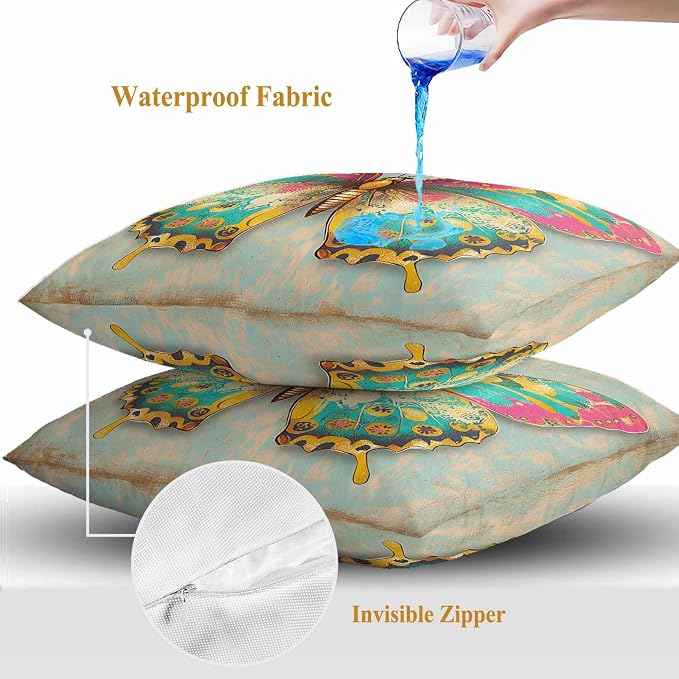Watercolor Butterfly Outdoor Waterproof Throw Pillow Covers Set of 2, 18"x18", Corlorful Vintage Texture Decorative Pillow Covers Outside Cushion Case for Patio Porch Garden