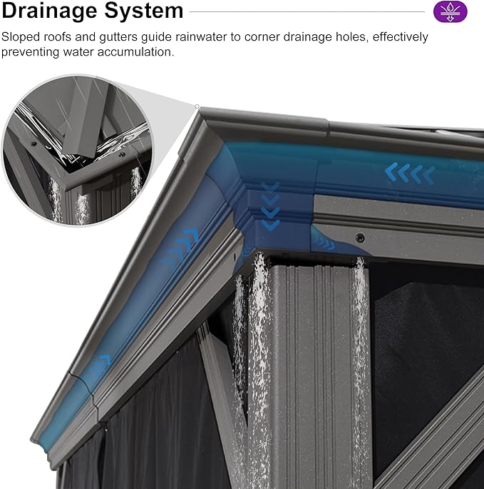 PURPLE LEAF 11' x 15' Permanent Hardtop Gazebo with Galvanized Steel Double Roof and Aluminum Frames Outdoor Large Pavilion Gazebo for Patio Deck Garden, Netting and Curtains Included, Light Grey