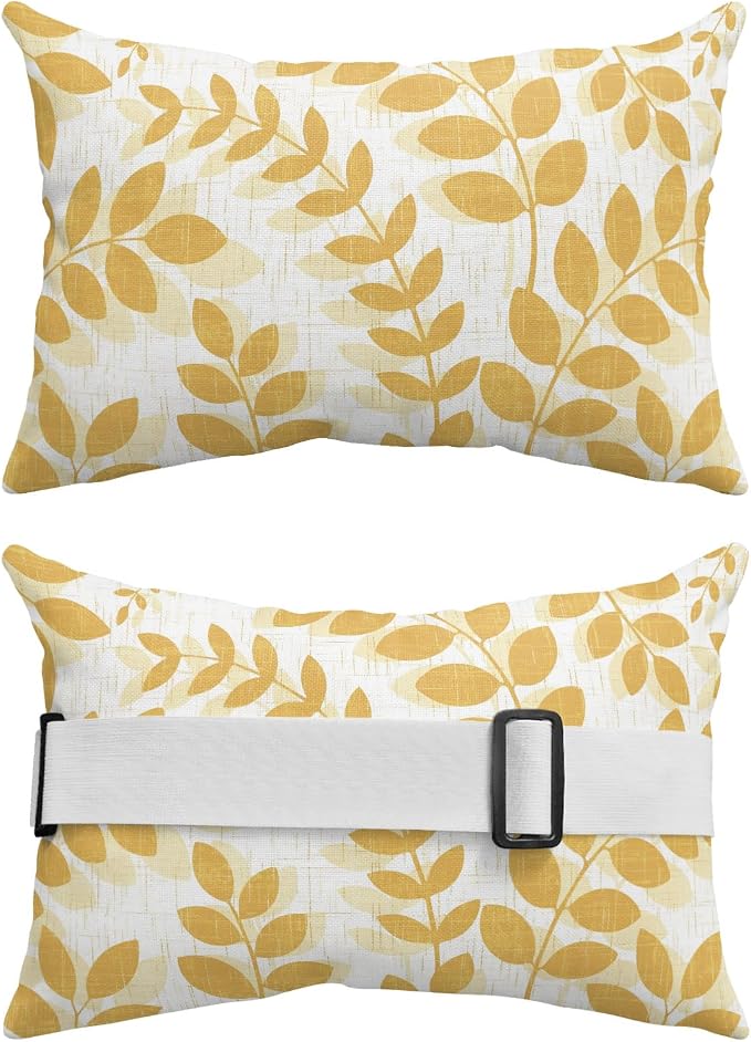 Chaise Lounge Headrest Pillow 1 Pack, Turmeric Yellow Leaves Waterproof Chair Pillows with Insert & Adjustable Elastic Strap for Beach Recliner, Summer Farmhouse Botanical Boho Branch Outdoor Pillow