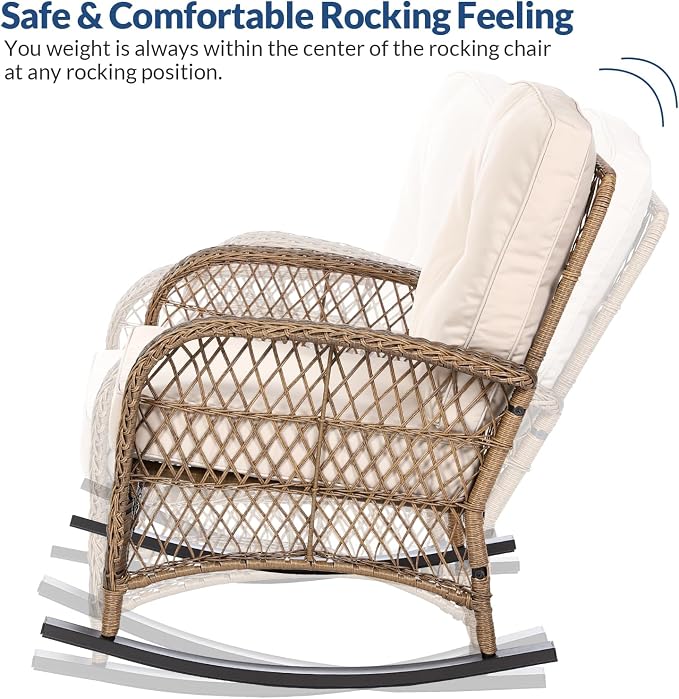 7-Piece Wicker Patio Furniture Sets Outdoor All-Weather Rattan Conversation Set Includes Glider Loveseat, 2 Glass-Top Coffee Tables, 2 Swivel-Rocker Chairs for Porch Backyard, Light Brown