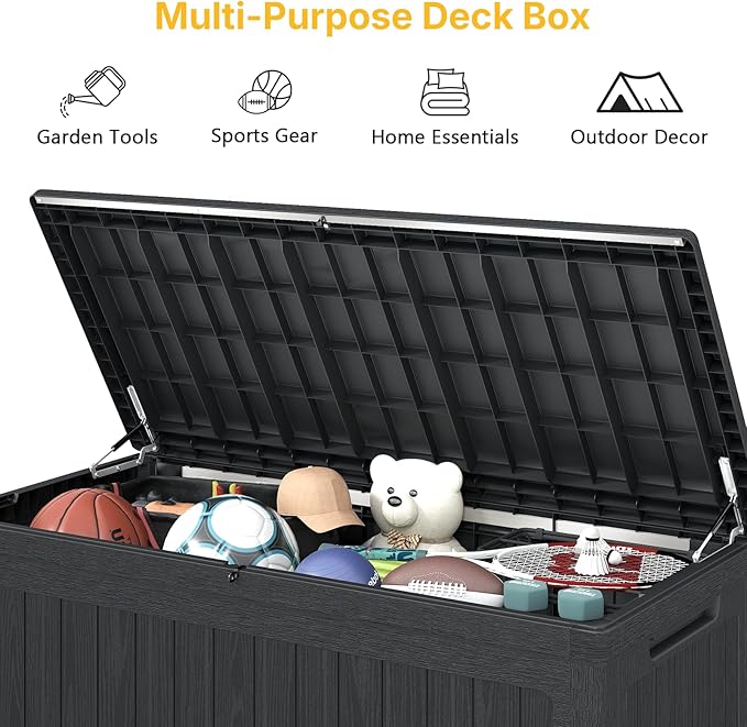 Skepphlay 260 Gallon Deck Box Large Outdoor Storage Box, Waterproof Pool Storage Cushion Boxes Bin, 440 lbs Load Capacity Black Outdoor Storage Bench for Garden, Patio