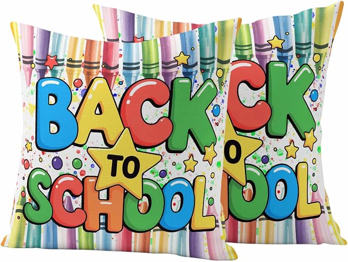 Outdoor Waterproof Pillow Covers for Patio Back to School Decorative Throw Pillow Cover Colorful Crayon School Season Pillowcases Set of 2 Cushion Case for Sofa Couch Chair 20x20 Inch