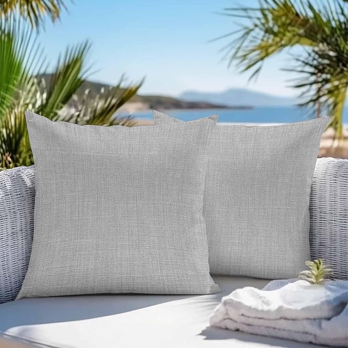 Pack of 2 Waterproof Outdoor Pillow Covers 18x18 Inch Decorative Pillow Covers Grey Burlap Texture Throw Pillowcases Farmhouse Vintage Gray Outdoor Cushion Cover for Couch, Patio, Tent