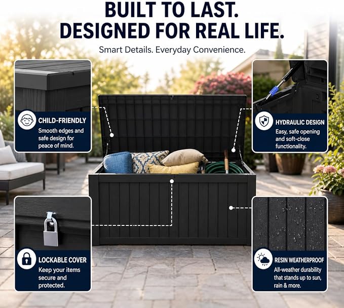 LAUSAINT HOME 120 Gallon Outdoor Deck Box, Waterproof Resin Storage Box with Lock, Patio Cushion Storage, Garden Tool Organizer, Pool Storage Container, Outdoor Storage Bench,Black