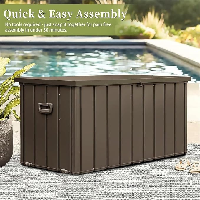 Large 120-Gallon Waterproof Outdoor Storage Box for Patio, Deck, or Poolside – Durable Weather-Resistant Design with Lockable Lid (150 Gallon (Dark Brown))