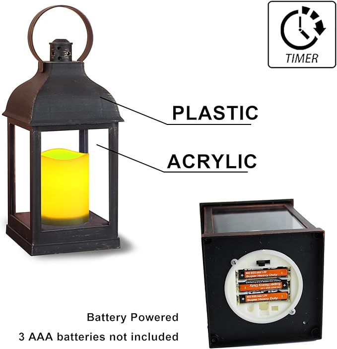 WRalwaysLX 2pack Decorative Lantern with flameless LED Candle Light, ON/Off/Timer Candle with 6Hours, Outdoor/Indoor LED Lantern, Use AAA Battery(not Include) Bronze Plastic (4x9)