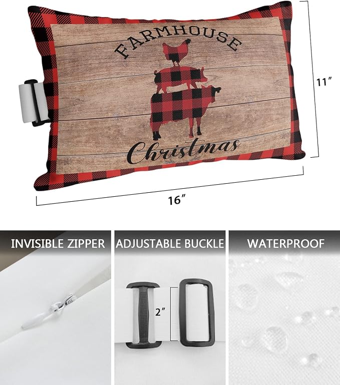Outdoor Pillows Covers with Inserts Christmas Farmhouse Animal Cow Pig Cock Waterproof Recliner Pillow with Adjustable Strap Throw Pillows for Patio Furniture Pool Lounge Chair, 11x16 inch, 1PCS