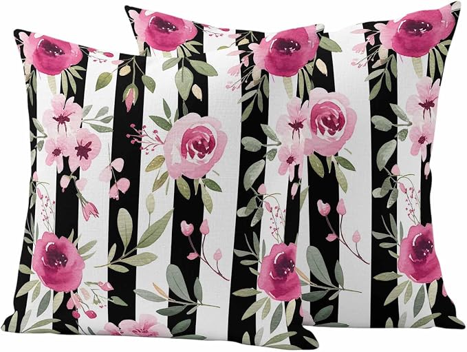 Outdoor Throw Pillow Covers Waterproof Pillow Cases 18x18in Watercolor Pink Floral Decorative Cushion Cases for Couch Sofa Patio Garden 2 Pack Black and White Stripes
