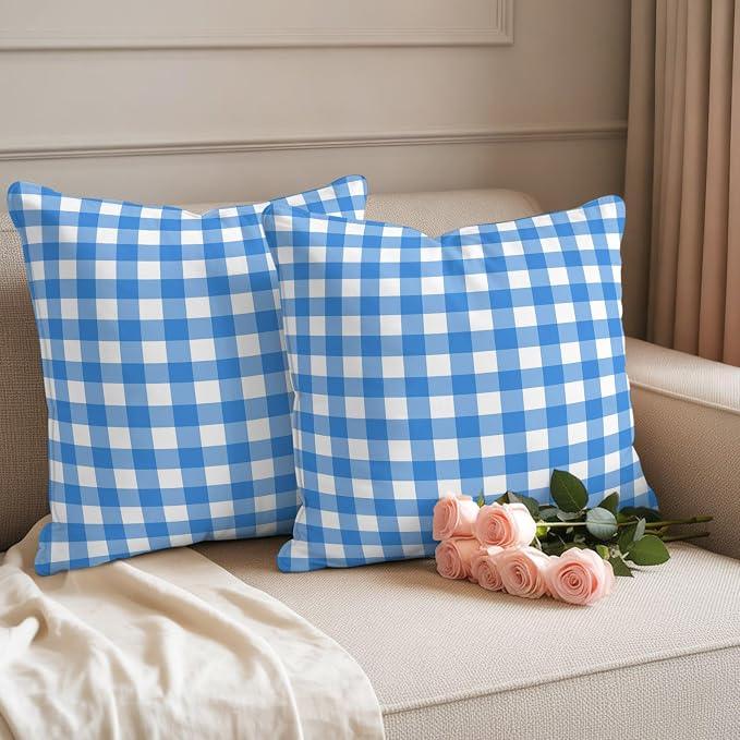 Sky Blue Checks Outdoor Pillow Covers 20"x20" Set of 2, White Gingham Plaid Abstract Modern Coastal Waterproof Throw Pillow Covers for Patio Furniture, Decorative Cushion Covers for Porch