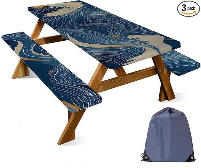 ANNA QUEEN Modern Abstract Art 6FT Picnic Table Cover with Bench Covers Set of 3 with Drawstring Bag, Blue Gold Lines 72"x30" Waterproof Picnic Tablecloth & Bench Covers for Patio Garden