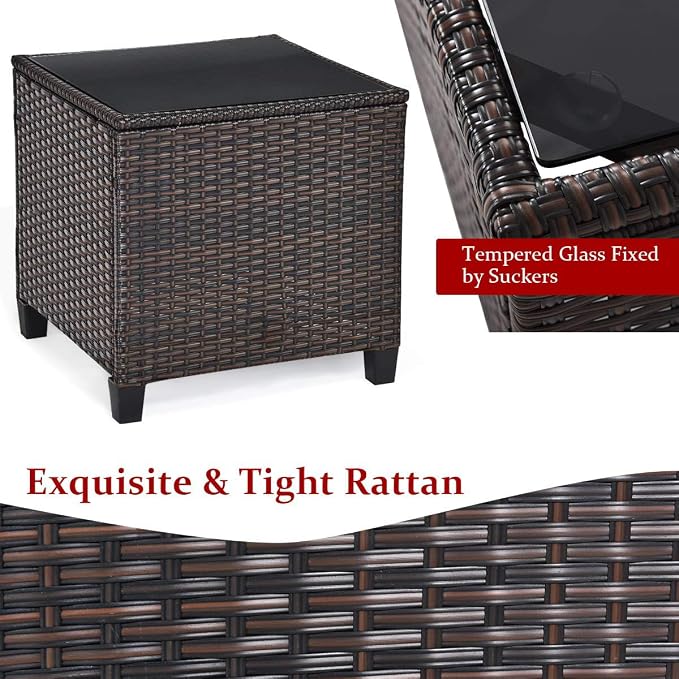 DORTALA Wicker Patio Furniture Set 3 Piece, Outdoor Table and Chairs with Tempered Glass Tabletop, Cushions, Small Rattan Conversation Sofa Set for Balcony, Porch, Backyard, Deck, Red
