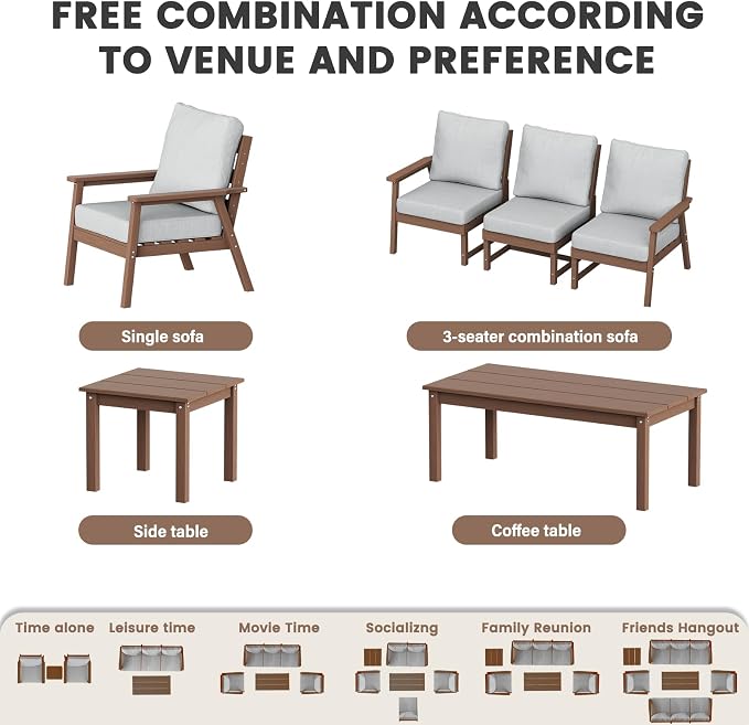 LOUNZY HDPE Outdoor Furinture Set,7 Piece Sectional Sofa Patio Furniture Set, All Weather Outdoor Couch Set Patio Furniture Set for Deck, Lawn, Brown