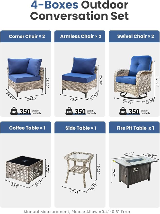 9-Piece Outdoor Patio Furniture Set with Fire Pit Table, Outdoor Conversation Wicker Sofa with Swivel Chairs, Rattan Couch with Coffee Table for Deck, Backyard, Poolside (Navy Blue)