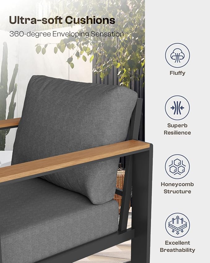 Aluminum Outdoor Patio Furniture Set with Coffee Table, 7 Piece Patio Conversation Sets with Thick Cushion, Ottomans, Outdoor Sectional Furniture Set for Porch, Balcony, Deck, Yard, Graphite