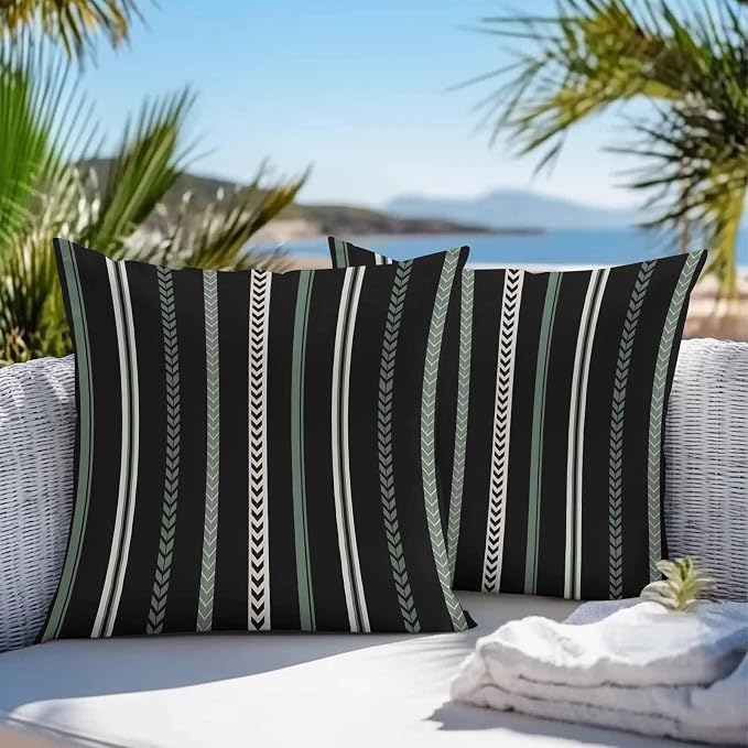 Throw Pillow Covers 18x18 Inch Set of 2, Black Green White Waterproof Outdoor Cushion Covers, Boho Vintage Abstract Striped Lines Decorative Pillowcases for Couch, Sofa, Bed, Garden, Patio