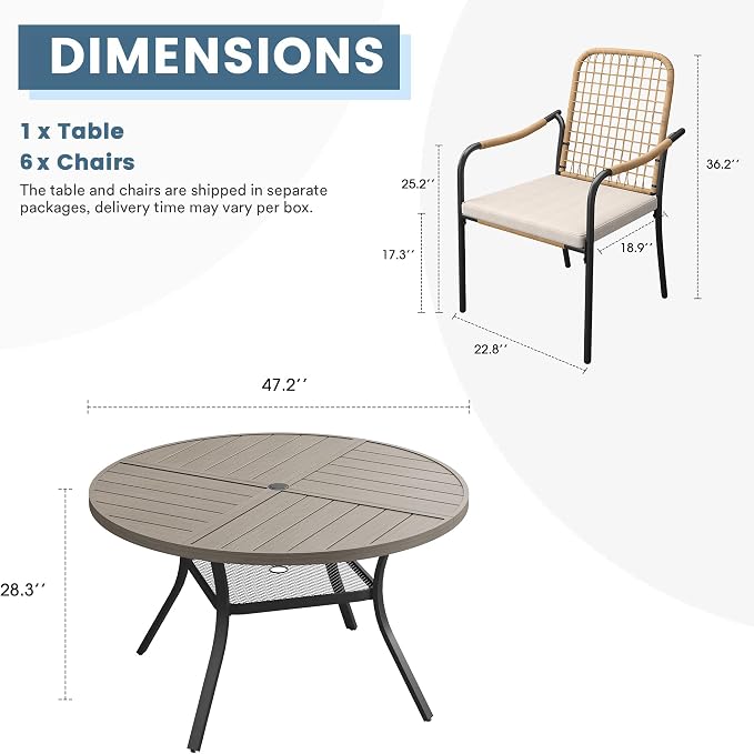 DIFY 7 Pieces Outdoor Dining Set, Metal Patio Table and Chairs Set for 6, 47.2" Round Dining Table with Umbrella Hole & Wicker Stackable Patio Chairs with Cushions, Grey Wood-Like Tabletop