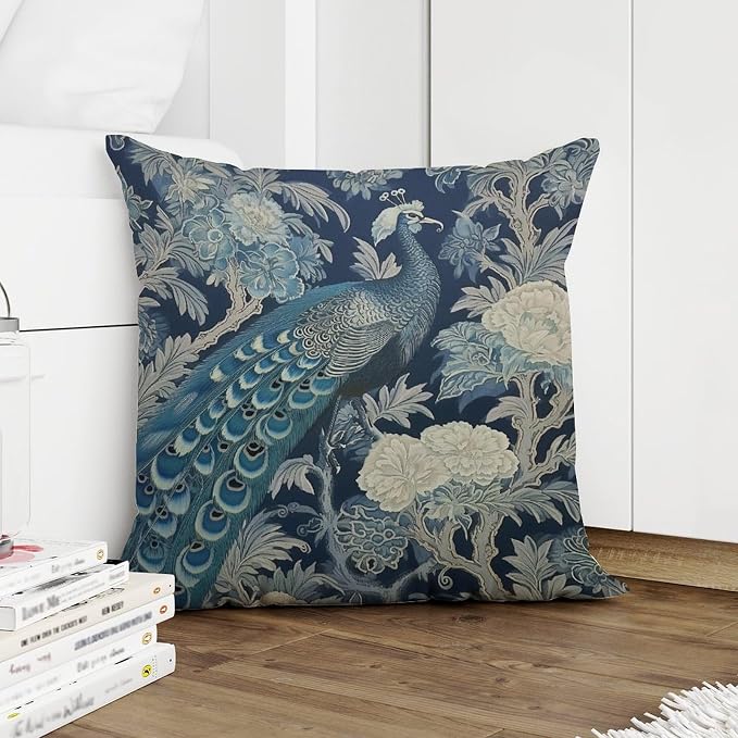 Blue Peacock Chinoiserie Throw Pillow Covers Blue Grey Asian Flower Throw Pillow Cover Classic Modern Decorative Pillow Covers for Patio Furniture Porch 24x24 in