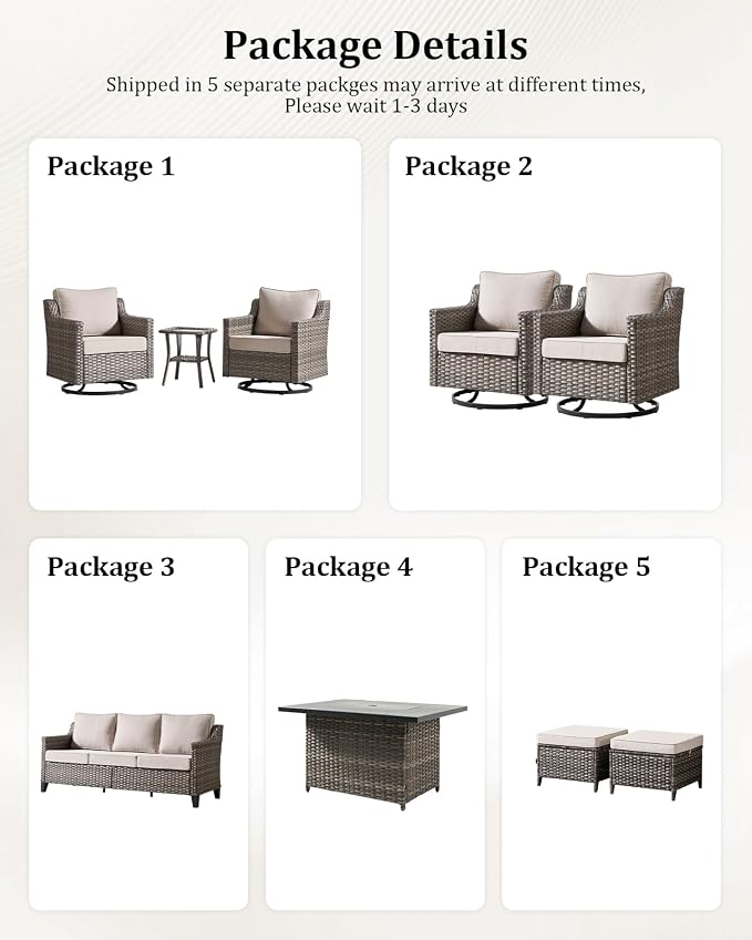 Outdoor Furniture Set of 9, Patio Sofa with Luxury 4" Cushion, Wicker Swivel Rocker Patio Chairs, and Fire Pit Table, High Back&Deep Seat for Garden Deck Porch Balcony Backyard - Beige