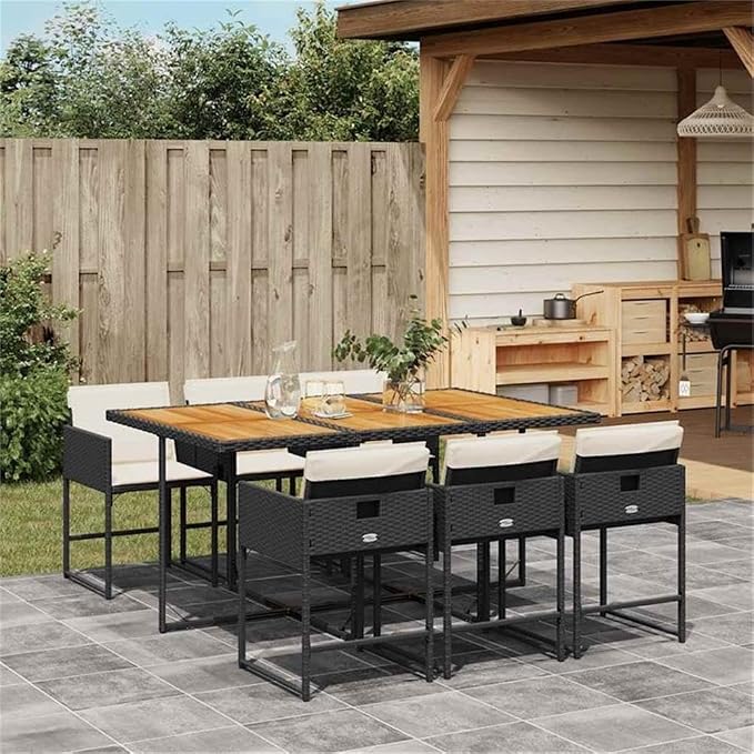 Afuera Living 7-Piece Patio Dining Set, Acacia Wood Table, Brown PE Rattan Chairs, Cream Cushions, Powder-Coated Metal Frame, UV-Resistant, Outdoor Garden Furniture for Balcony, Backyard, Terrace