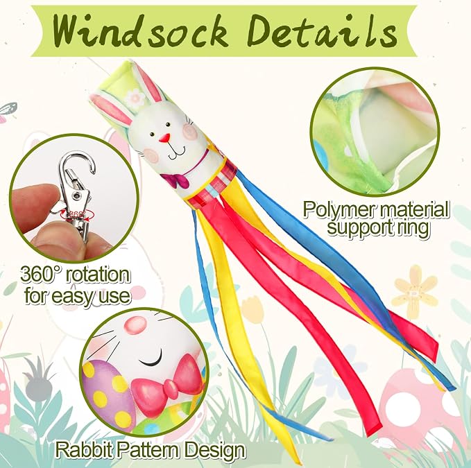 NOVWANG 40 Inch Bunny Easter Windsock - 2 Pcs Spring Windsocks for Yard, Garden, Patio, Balcony - Outdoor Hanging Decorations