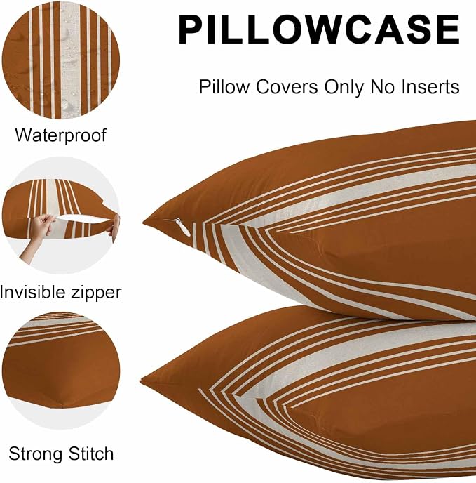 Burnt Orange Beige Striped Outdoor Pillow Covers 20x12 Inch Lumbar Pillow Covers Set of 2 Waterproof Decorative Throw Pillow Cases Modern Farmhouse Retro Lines Cushion Covers for Patio Furniture
