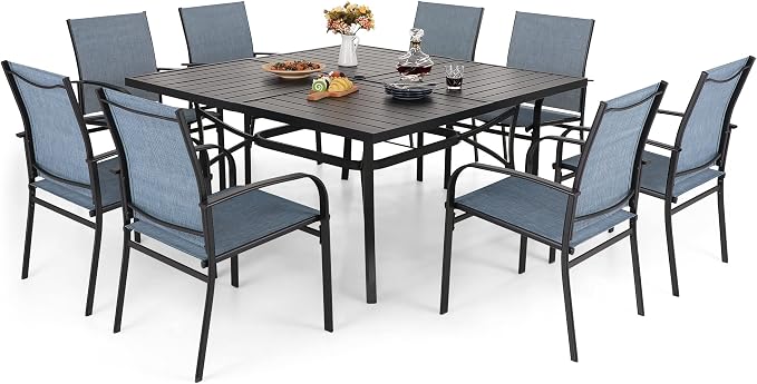 MIXPATIO 9 Pieces Patio Table and Chairs Set, Patio Dining Set for 8, 8 Blue Textilene Chairs and 1 Large Square Patio Dining Table with Umbrella Hole, for Deck Backyard Lawn Poolside