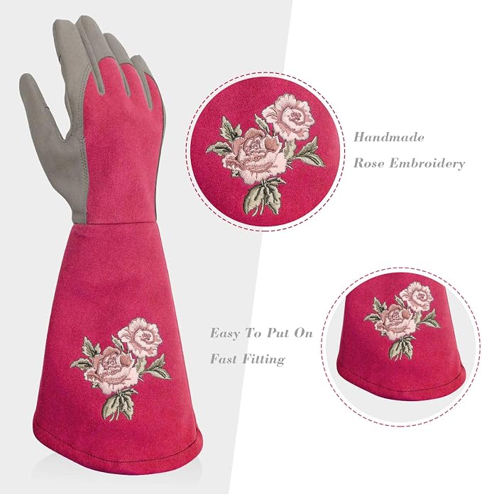 Rose Pruning Gloves with Forearm Protection, Thorn Resistant | Embroidery Design with Extra Long Cuff for Gardening and Pruning Tasks