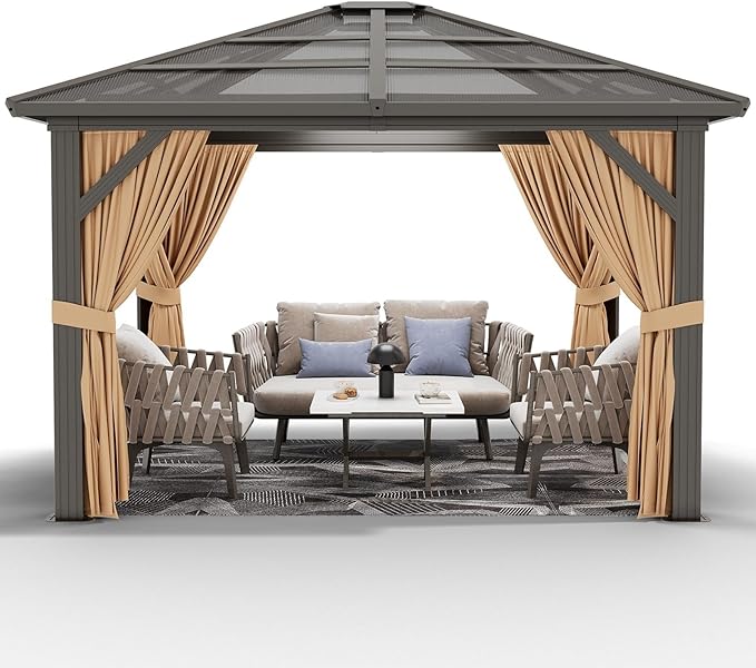 GAOMON 10x12ft Gazebo, Hardtop Outdoor Canopy Aluminum Frame Permanent Gazebo with Netting and Curtains, Polycarbonate Garden Tent for Patio, Lawn, Backyard, Deck (10'x12')