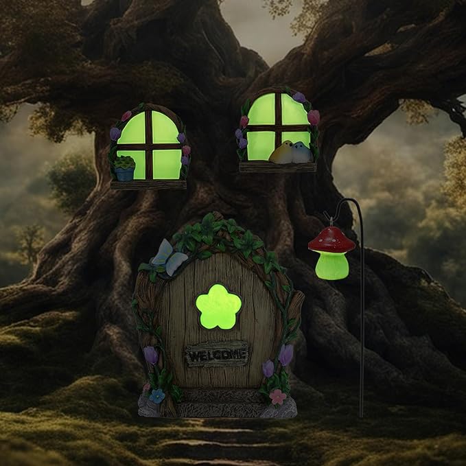 Fairy Door and Windows Garden Kit Accessories Outdoor, Glow in Dark Gnome House for Tree, Lawn Yard Art Sculpture, Miniature Garden Decor (Butterfly)