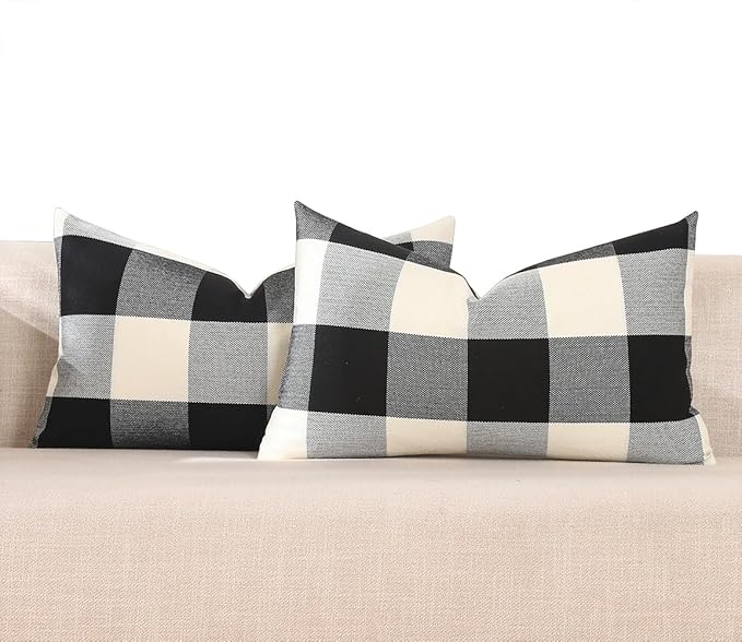 CARRIE HOME Black and White Lumbar Plaid Pillow Covers 12x20 Set of 2 Black Buffalo Check Pillow Covers 12 x 20 Outdoor Farmhouse Lumbar Throw Pillows for Couch, Sofa and Patio