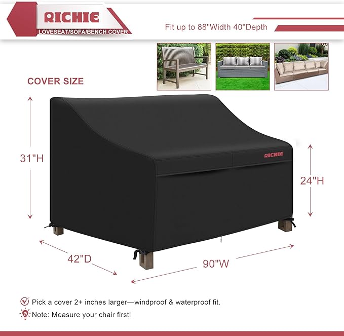 RICHIE Waterproof Patio Sofa Cover 3-Seater - Outdoor Furniture Covers for Loveseat/Couch with Air Vents & Handles, 90"W*42"D*31"H, Black