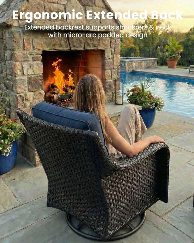 7 Pieces Outdoor Furniture Set with 6-inch Cushions, High Back Wicker Swivel Rocker Chairs with Coffee Table, Luxury Conversation Set for Deck Patio and Poolside