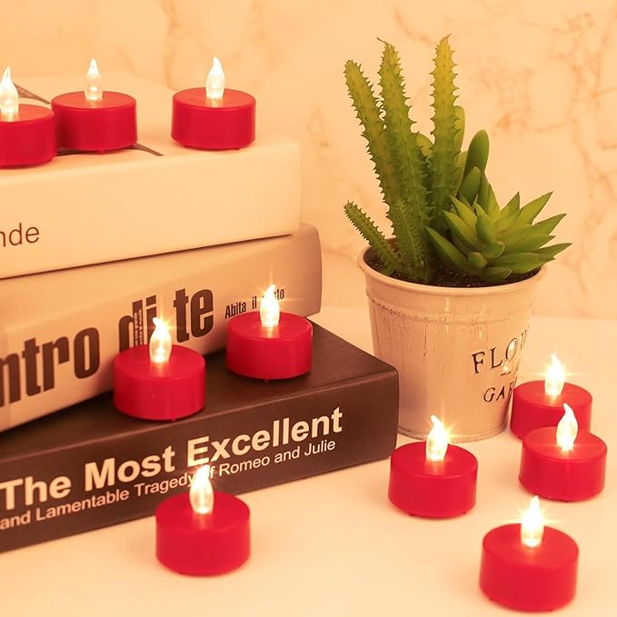 Hanzim LED Tea Lights Candles- 12PACK Red Flameless Candles Realistic and Bright Flickering Long Lasting 200Hours for Holiday Celebration,Party, Home Decoration,Battery Operated