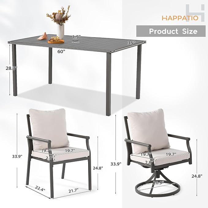 HAPPATIO Patio Dining Set, Powder-Coated Metal Outdoor Table and Chairs Set for 6,4 Chairs and 2 Swivel Rockers with Thick Cushions, 60" Rectangular Table with 1.5" Umbrella Hole for Deck Backyard