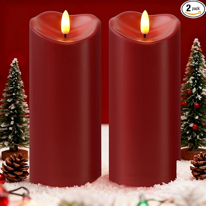 Raycare 8"x3" Outdoor Waterproof Flameless Candles with Remote and Timer, Battery Operated LED Electric Fake Pillar Candle for Valentine's Day, Home, Wedding Decor, Red, Set of 2
