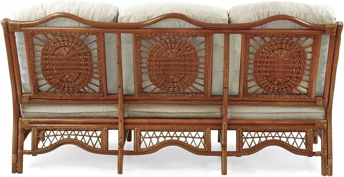 Malibu Lounge Set of 4: 2 Natural Rattan Wicker Chairs, Three-Seater Sofa with Cushions, and Coffee Table with Glass Handmade, Colonial Color