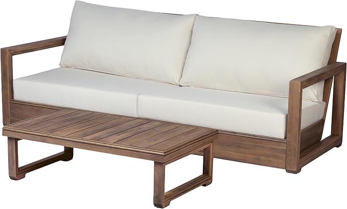 Christopher Knight Home 4-Piece Patio Furniture Set, Outdoor Acacia Wood 3-Seater Patio Sofa Set with 2 Swivel Rocking Chairs & Coffee Table, Deep Seating Patio Set for Porch Deck Garden, Brown+Beige