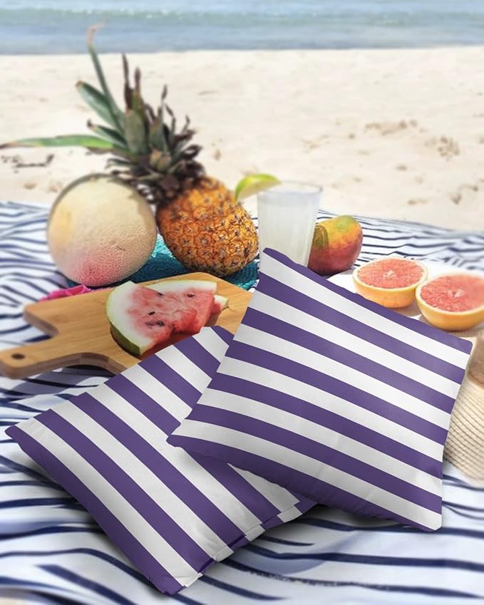 Outdoor Waterproof Pillow Covers for Patio Furniture Purple and White Stripes Decorative Throw Pillow Cover Solid Striped Pillowcases Set of 2 Cushion Case for Sofa Couch Chair 26 x 26 in