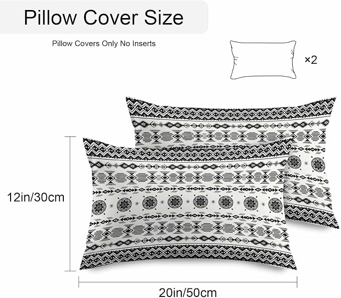 Black White Boho Outdoor Pillow Covers 20x12 Inch Lumbar Pillow Covers Set of 2 Waterproof Decorative Throw Pillow Cases Vintage Abstract Art Ethnic Tribe Cushion Covers for Patio Furniture Garden