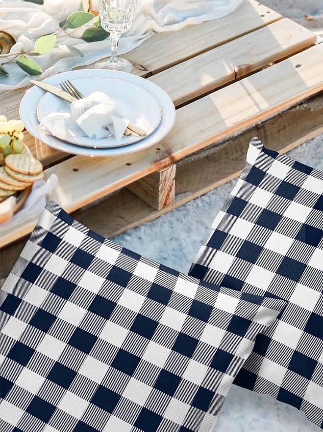 Outdoor Waterproof Throw Pillow Covers Set of 2 Buffalo Plaid Dark Blue Check Pillowcases 26x26 Inches Farmhouse Style Patio Decorative Pillows Cushion Case Patio Pillows for Couch Bed Chair Garden