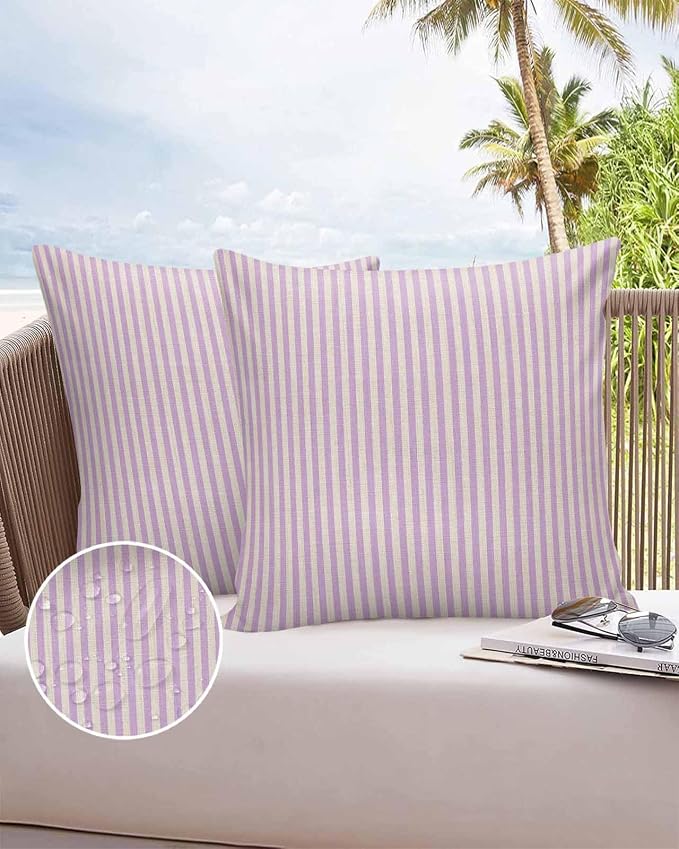 Outdoor Waterproof Throw Pillow Covers Set of 2 Purple Stripes Pillowcases 24x24 Inches Linen Classic Vertical Striped Patio Decorative Pillows Cushion Case Patio Pillows for Couch Bed Chair Garden